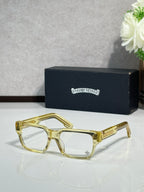 Gold rectangular eyeglasses with clear lenses and metal temple detailing