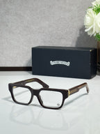 Dark brown rectangular eyeglasses with clear lenses and metal temple detailing