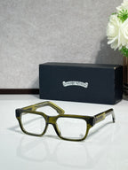Olive green rectangular eyeglasses with clear lenses and metal temple detailing
