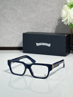 Dark blue rectangular eyeglasses with clear lenses and gold-tone temple detailing
