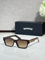 Chrome glasses with dark brown frame and tinted lenses