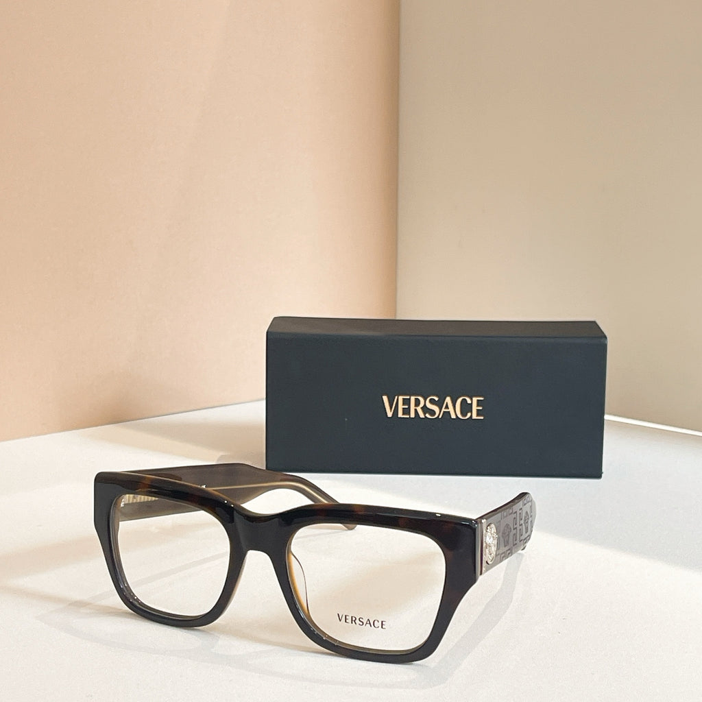 Eyeglasses frame with dark rectangular front and clear lenses, with Versace logo box