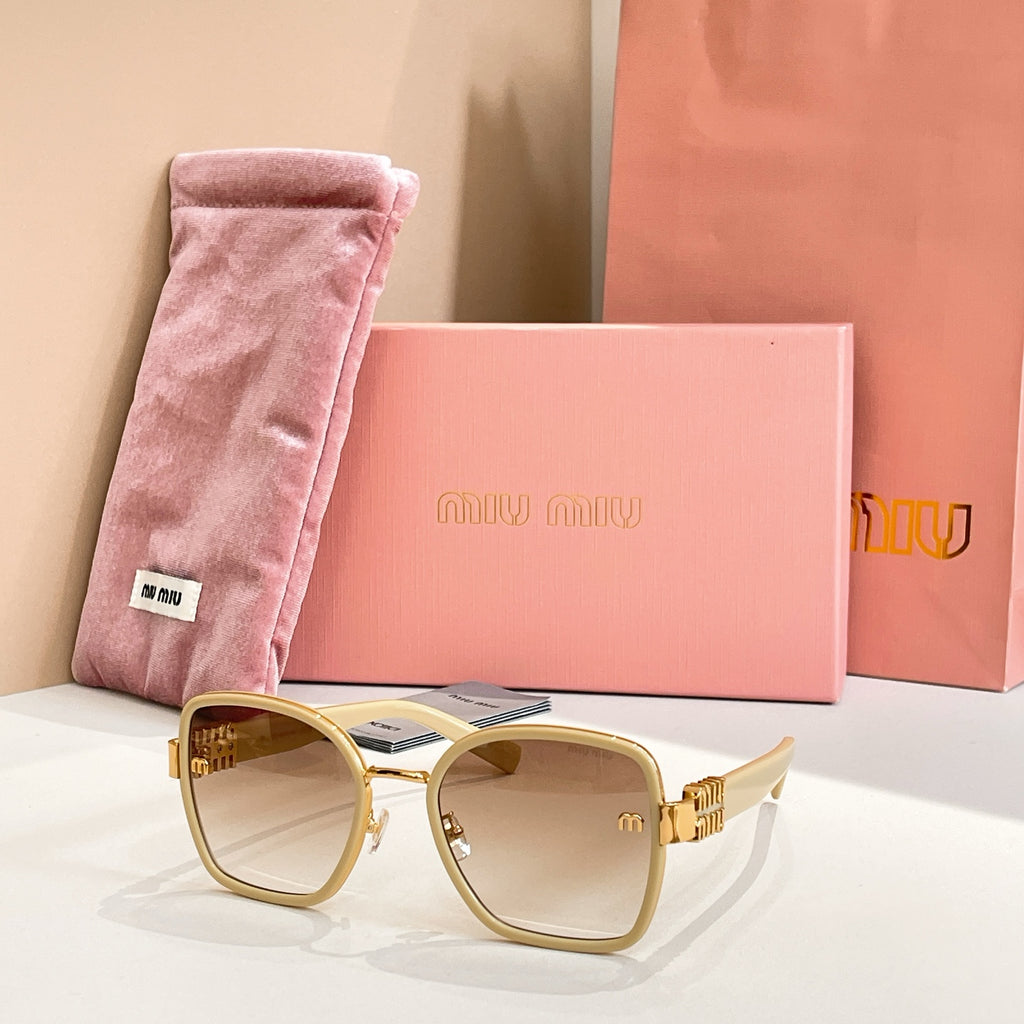 MiuMiu square sunglasses with gold frame and brown tinted lenses