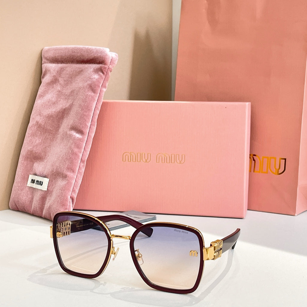 MiuMiu square sunglasses with burgundy frame and cream tinted lenses