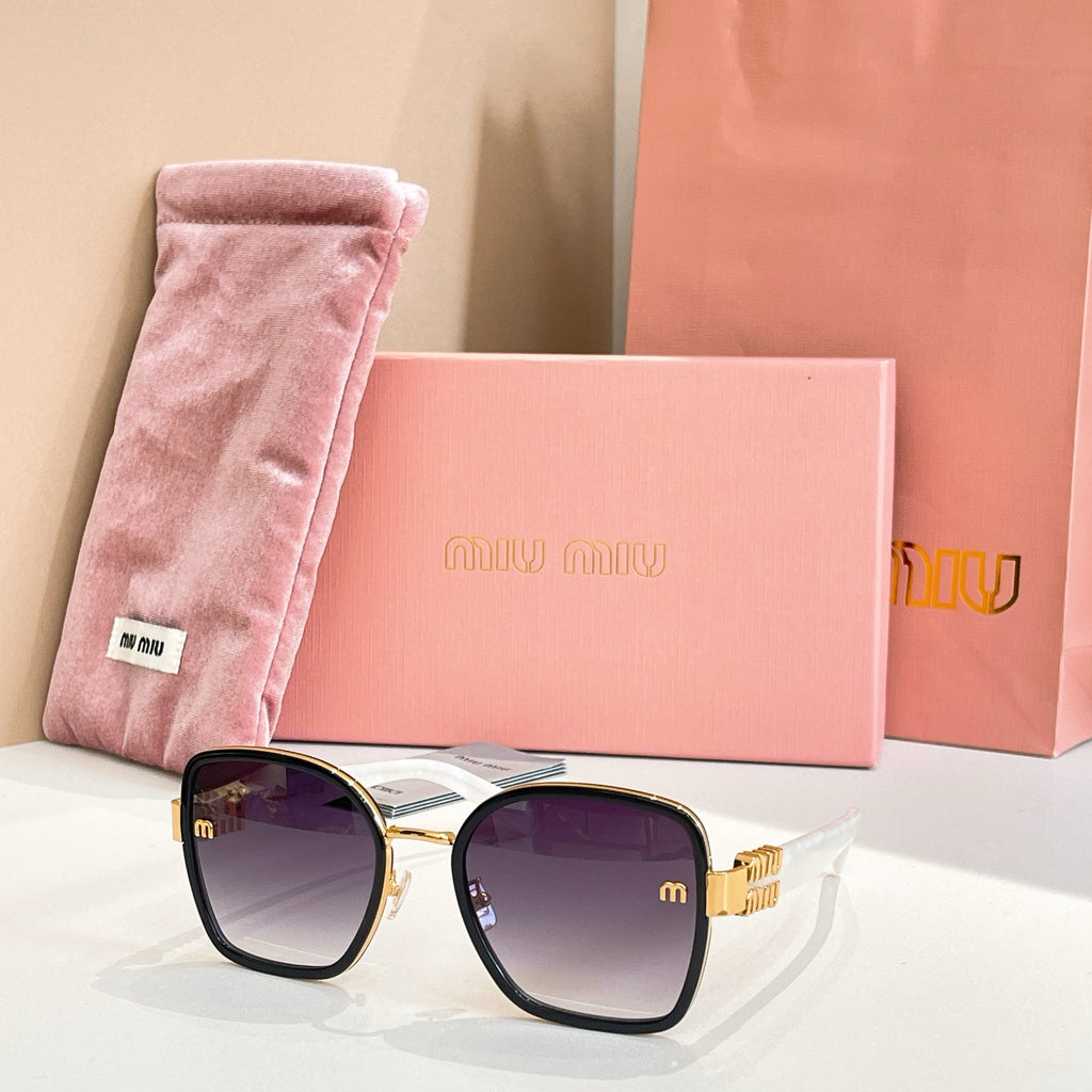 MiuMiu square sunglasses with dark frame and deep purple tinted lenses