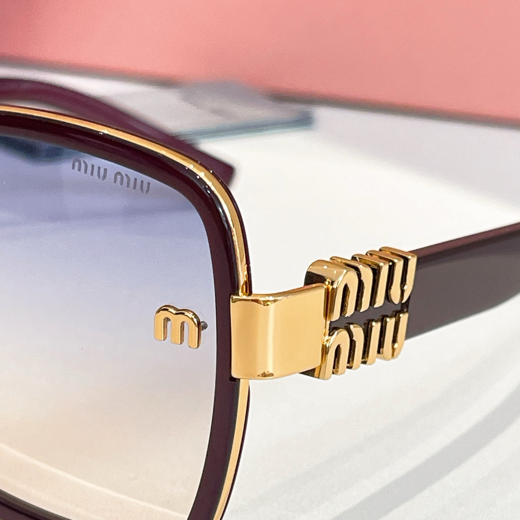 MiuMiu gold sunglasses hinge detail with engraved logo