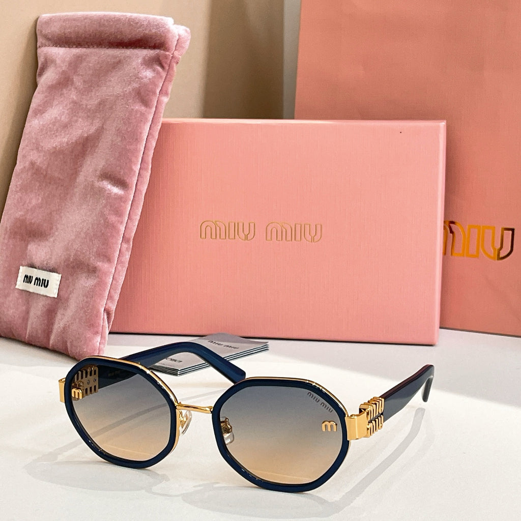 MiuMiu round sunglasses with navy frames and gold-tone logo arms