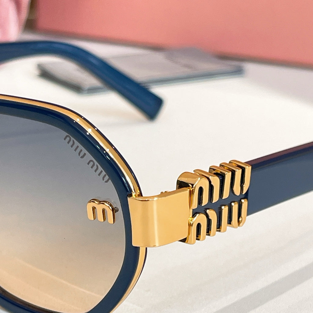 MiuMiu gold-tone logo hinge detail on blue round sunglasses