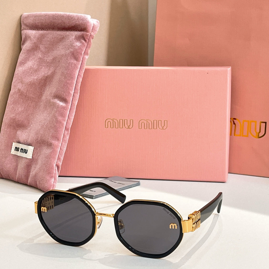 MiuMiu round sunglasses with black frames and gold-tone logo arms