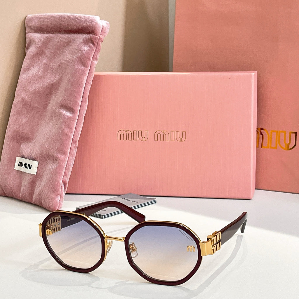 MiuMiu round sunglasses with dark maroon frames and gold-tone logo arms