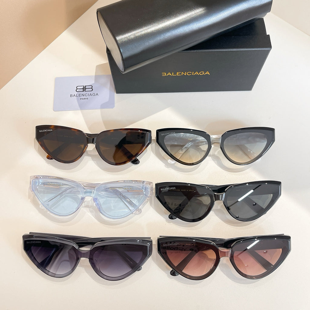 Balenciaga sunglasses set with multiple styles: black, brown, purple, and clear frames