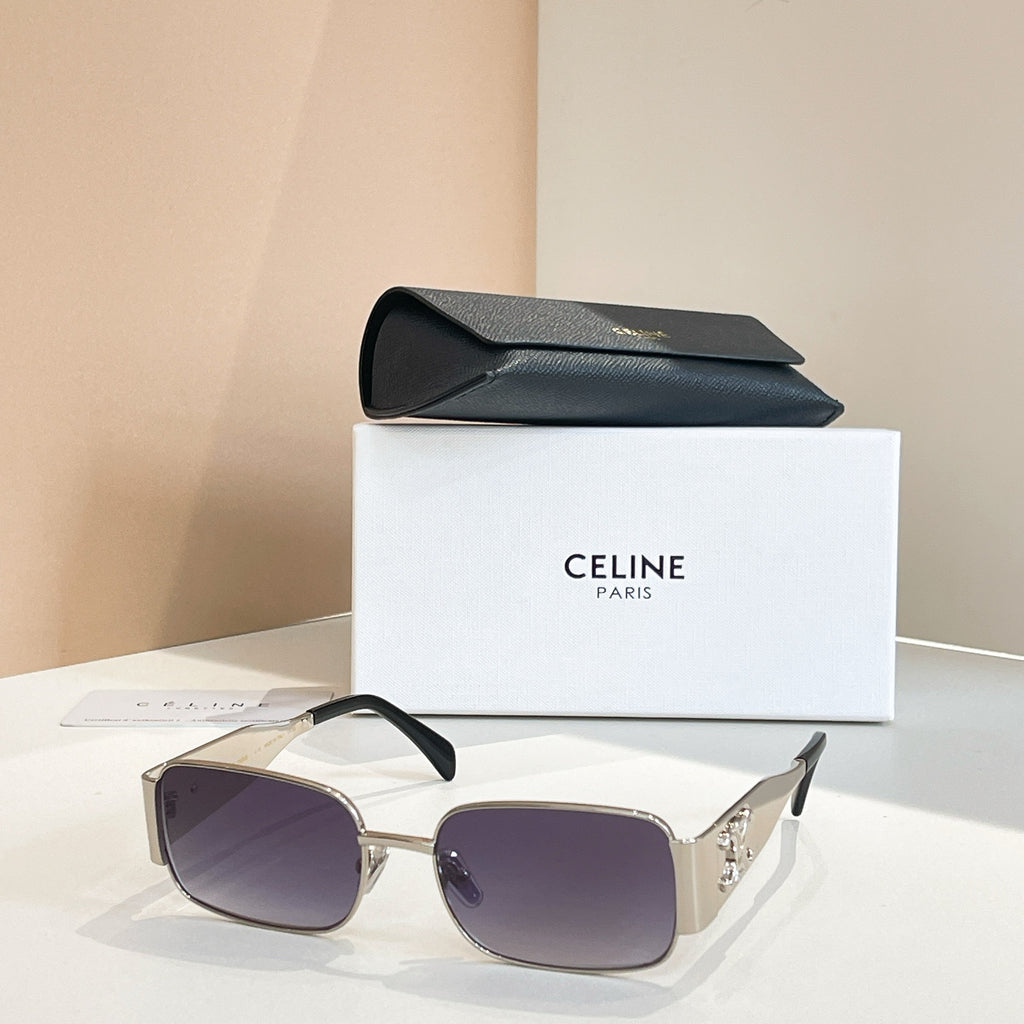 Sunglasses with purple lenses and silver rectangular frames