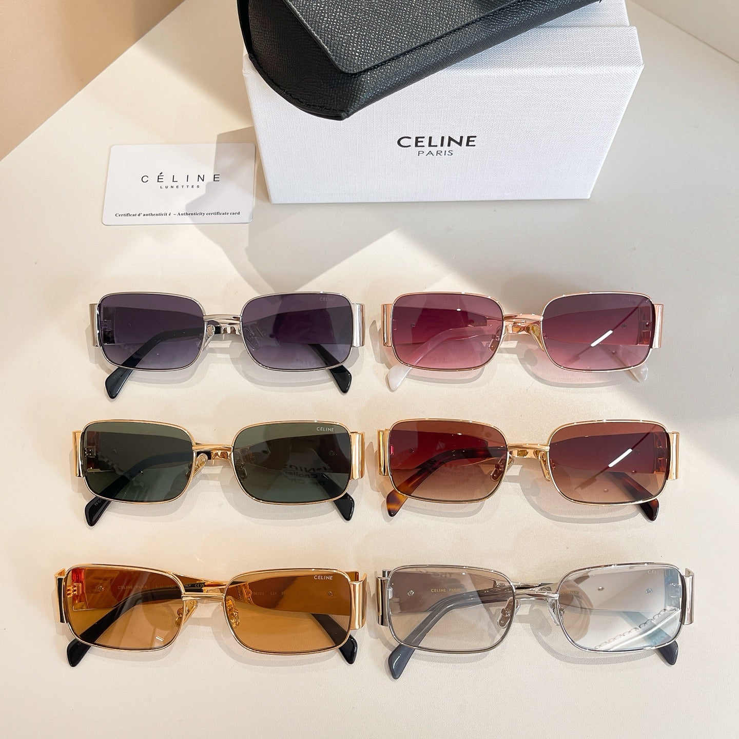 Assorted sunglasses with mixed lens colors and silver or gold frames