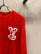 Red knit sweater with white Louis Vuitton monogram logo detail