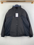 Dark gray hooded zip-up jacket with monogram panel, Louis Vuitton hang tag.
