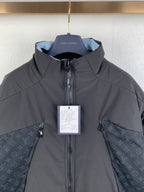 Dark gray hooded zip-up jacket, monogram side panels, Louis Vuitton hang tag.