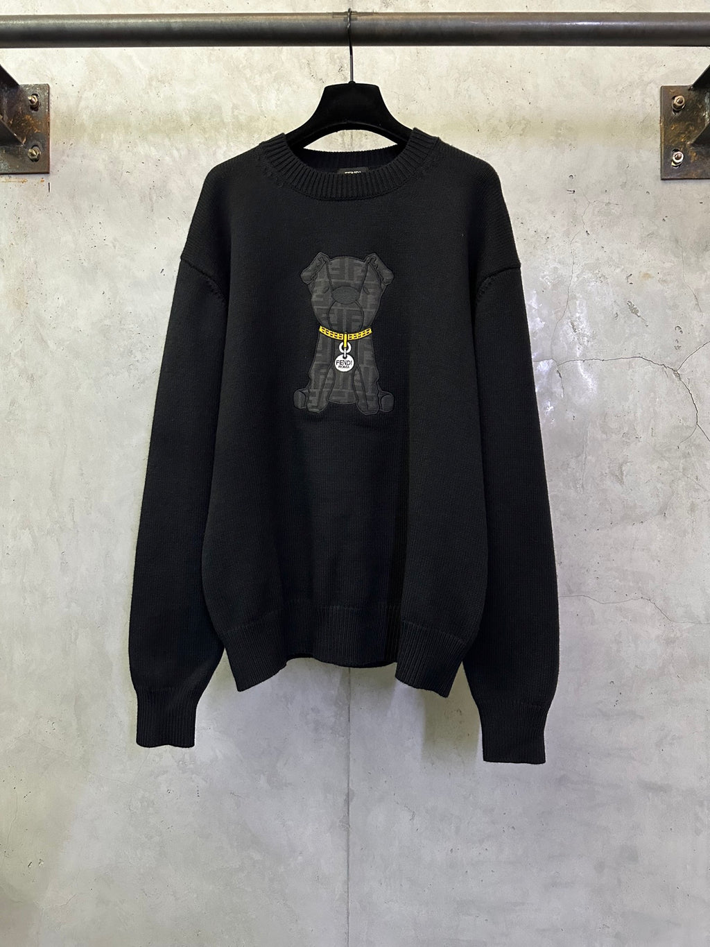 Fendi black knit crewneck sweater with bear graphic and yellow zipper detail