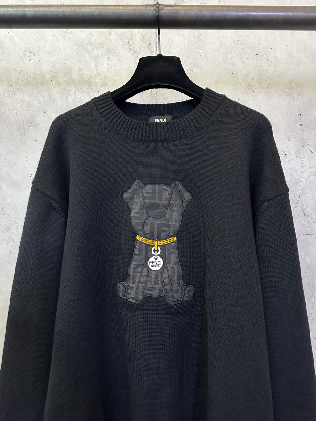 Fendi black knit sweater with large bear graphic on chest