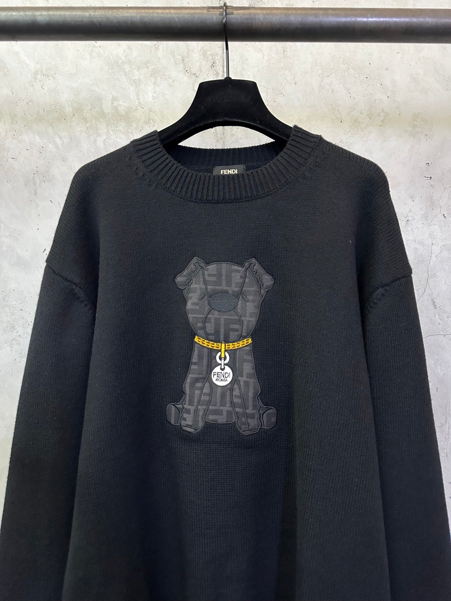 Fendi black knit sweater with large bear graphic on chest