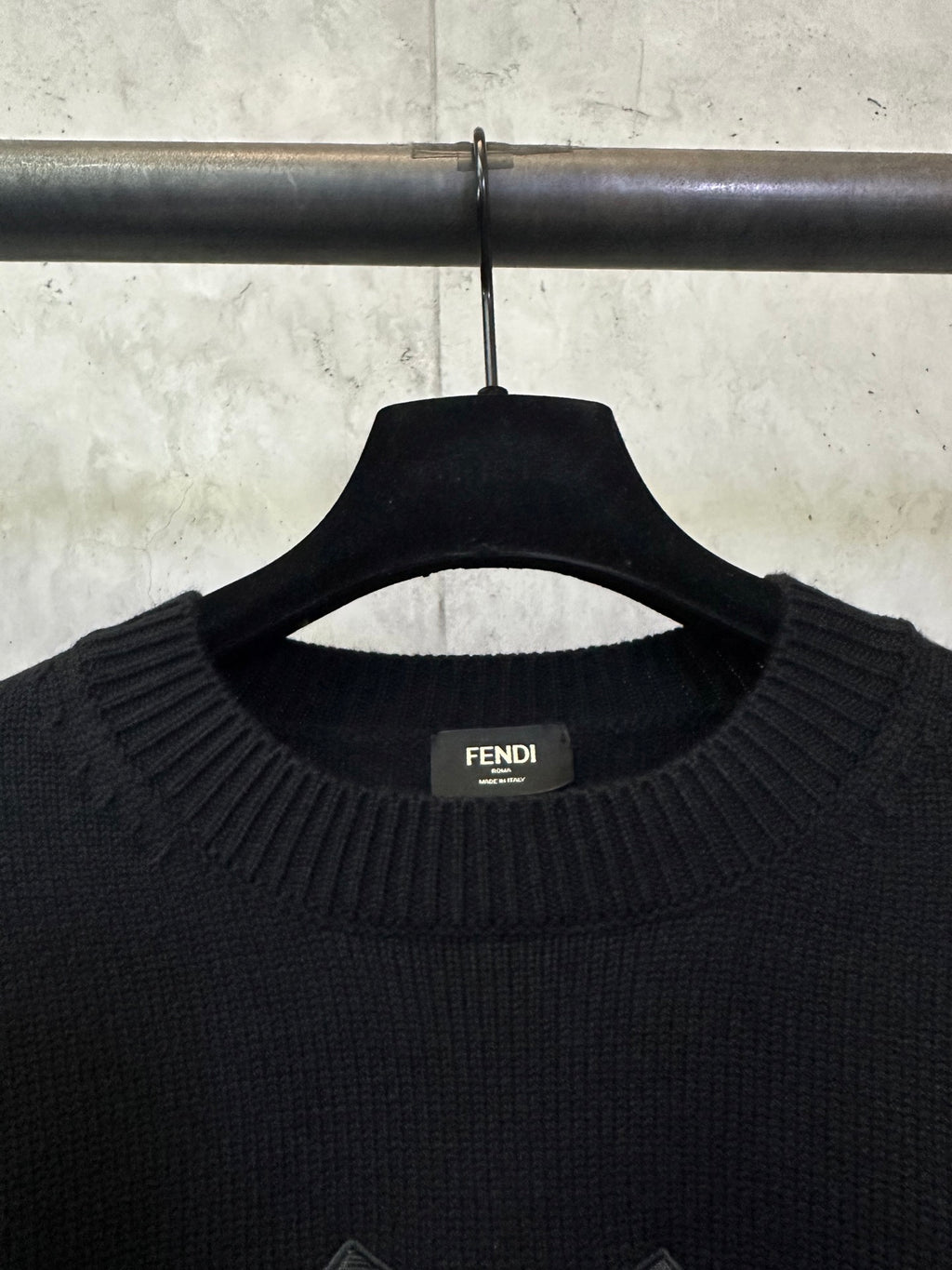 Fendi black knit sweater with ribbed crewneck and FENDI Roma neck label