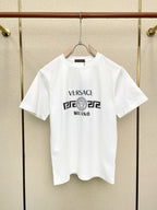White short-sleeve T-shirt with Versace Milano logo graphic on front