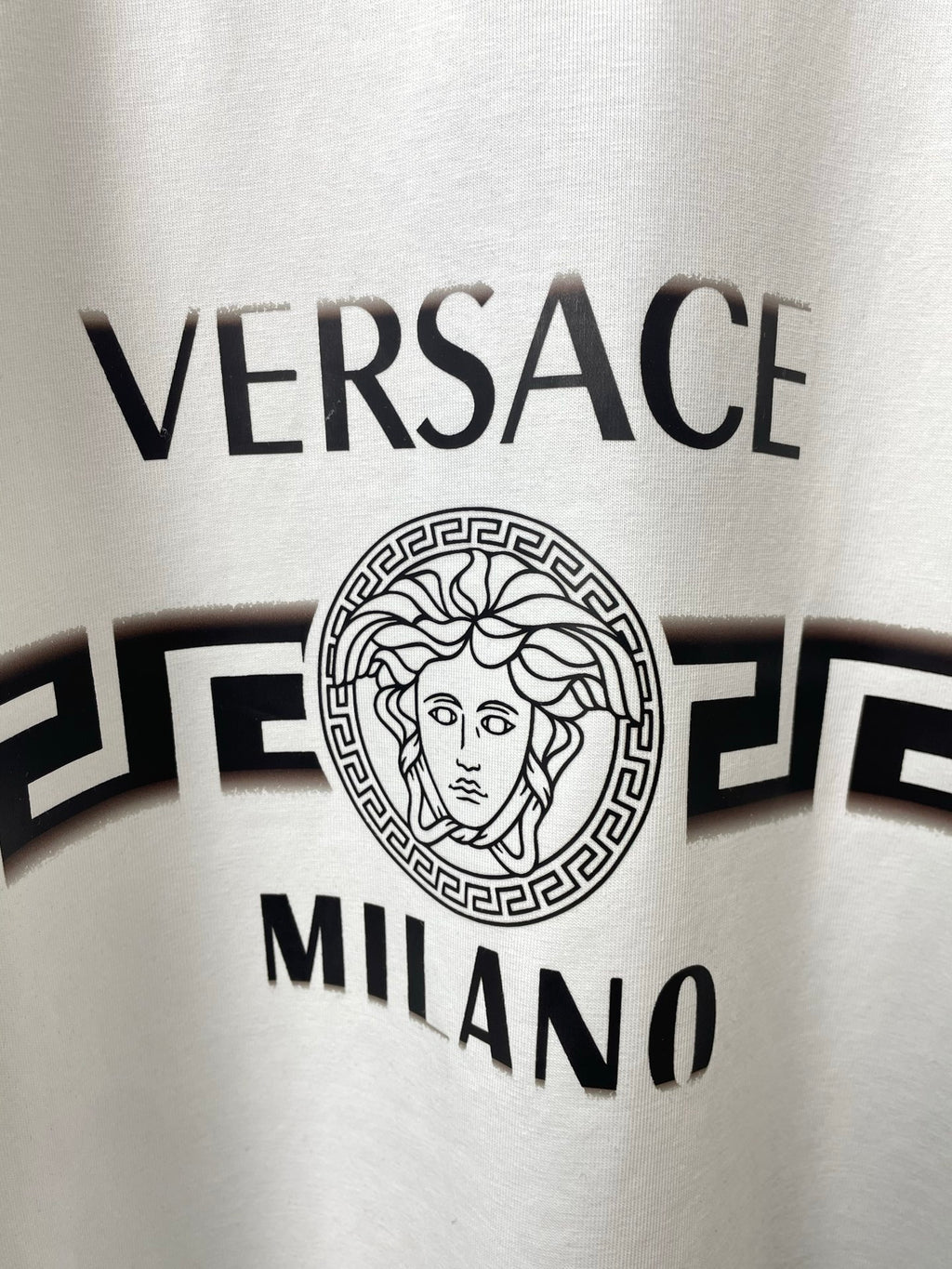 White Versace crewneck T-shirt, VERSACE Milano emblem and wordmark print