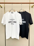 Short-sleeve T-shirts, one white and one dark, with Versace Milano logo print