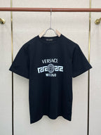 Navy short-sleeve T-shirt with Versace Milano logo graphic on front