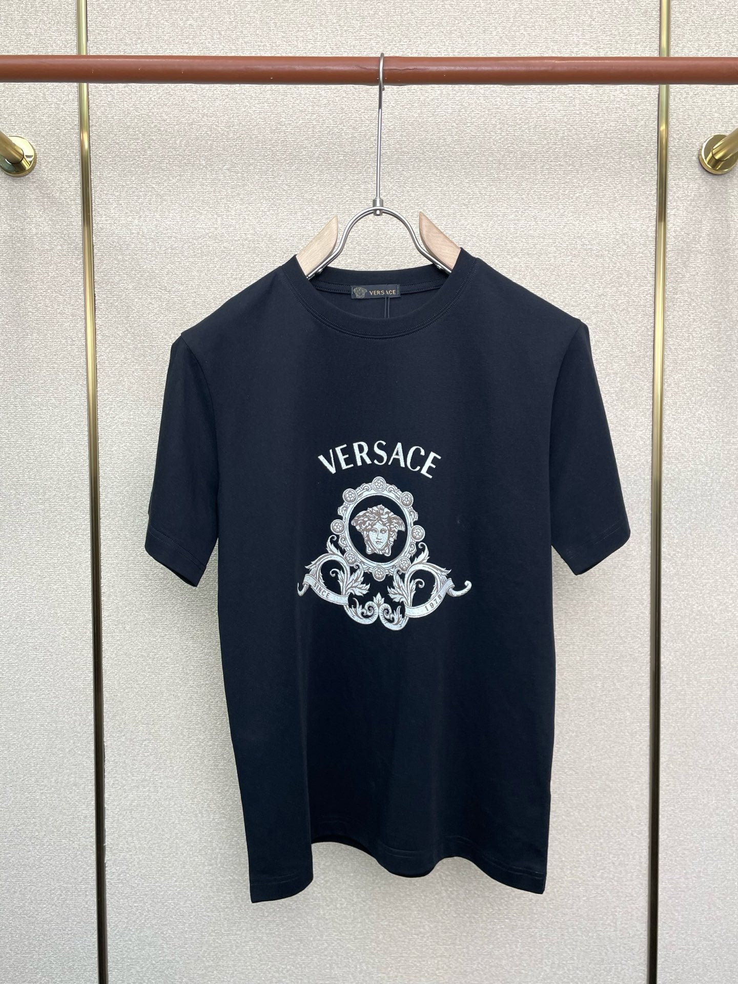 Versace navy T-shirt with VERSACE word and crest print
