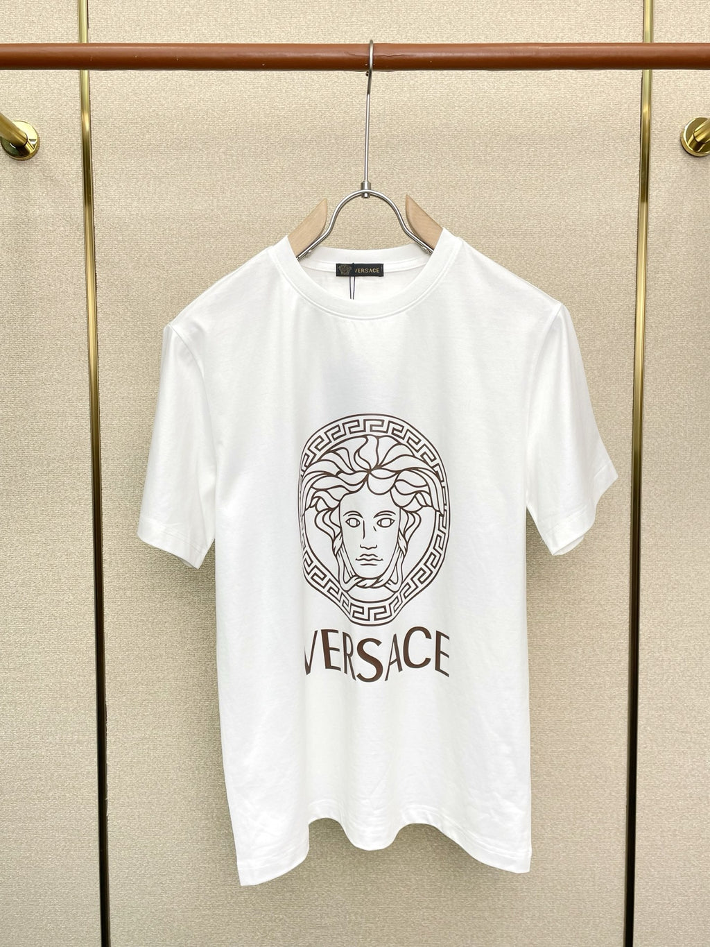Versace crew-neck T-shirt, white color, Medusa emblem graphic with VERSACE text