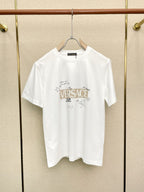 White Versace logo graphic T-shirt on hanger, crew neck, short sleeves.