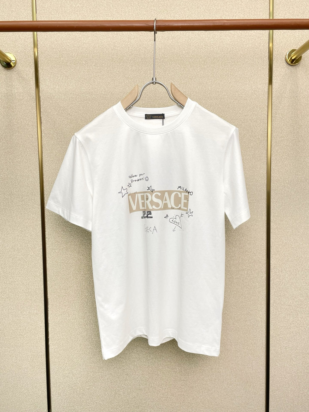 Versace white T-shirt with VERSACE front graphic and small doodle text
