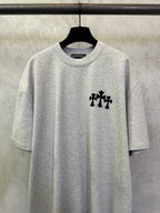 Heather gray graphic T-shirt with black chest logo