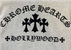 Light gray T-shirt with large black cross and curved lettering graphic