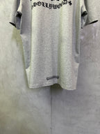 Heather gray T-shirt with small back label at hem