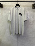 Heather gray graphic T-shirt with black logo print on chest