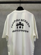 White short-sleeve T-shirt with large black back graphic and text.