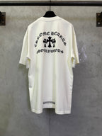 White short-sleeve T-shirt with large black back graphic in text and symbols.