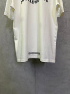White short-sleeve T-shirt with small hem label at the lower back.