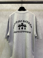 Heather gray T-shirt with large black back text and cross logo