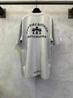 Light gray short-sleeve T-shirt with large black back graphic and lettering