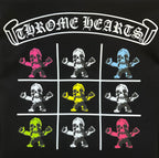 Black T-shirt with 'Chrome Hearts' arched logo and colorful skeleton grid print