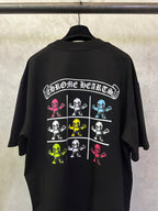 Black crewneck T-shirt back with large 'Chrome Hearts' skeleton grid graphic