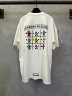 White graphic T-shirt back with character grid illustration and arched text, crew neck.