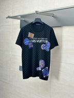 Louis Vuitton checkered knit polo shirt with blue graphic patches