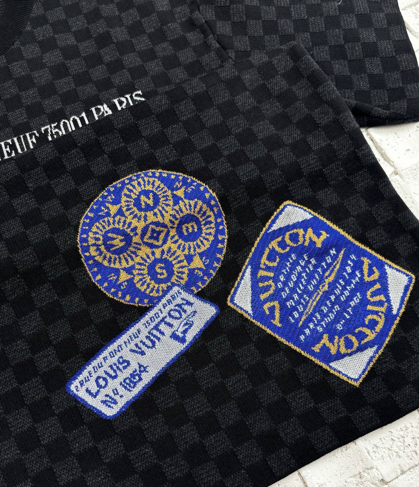 Louis Vuitton knit polo fabric with embroidered blue crest patches