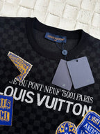 Louis Vuitton knit polo collar with button and black checkerboard graphic print