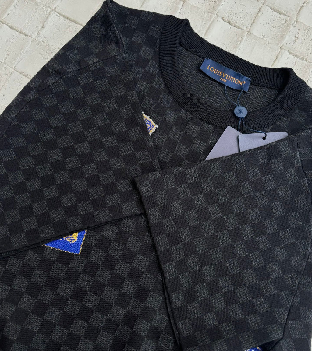 Louis Vuitton checkered knit polo shirt with ribbed collar and button