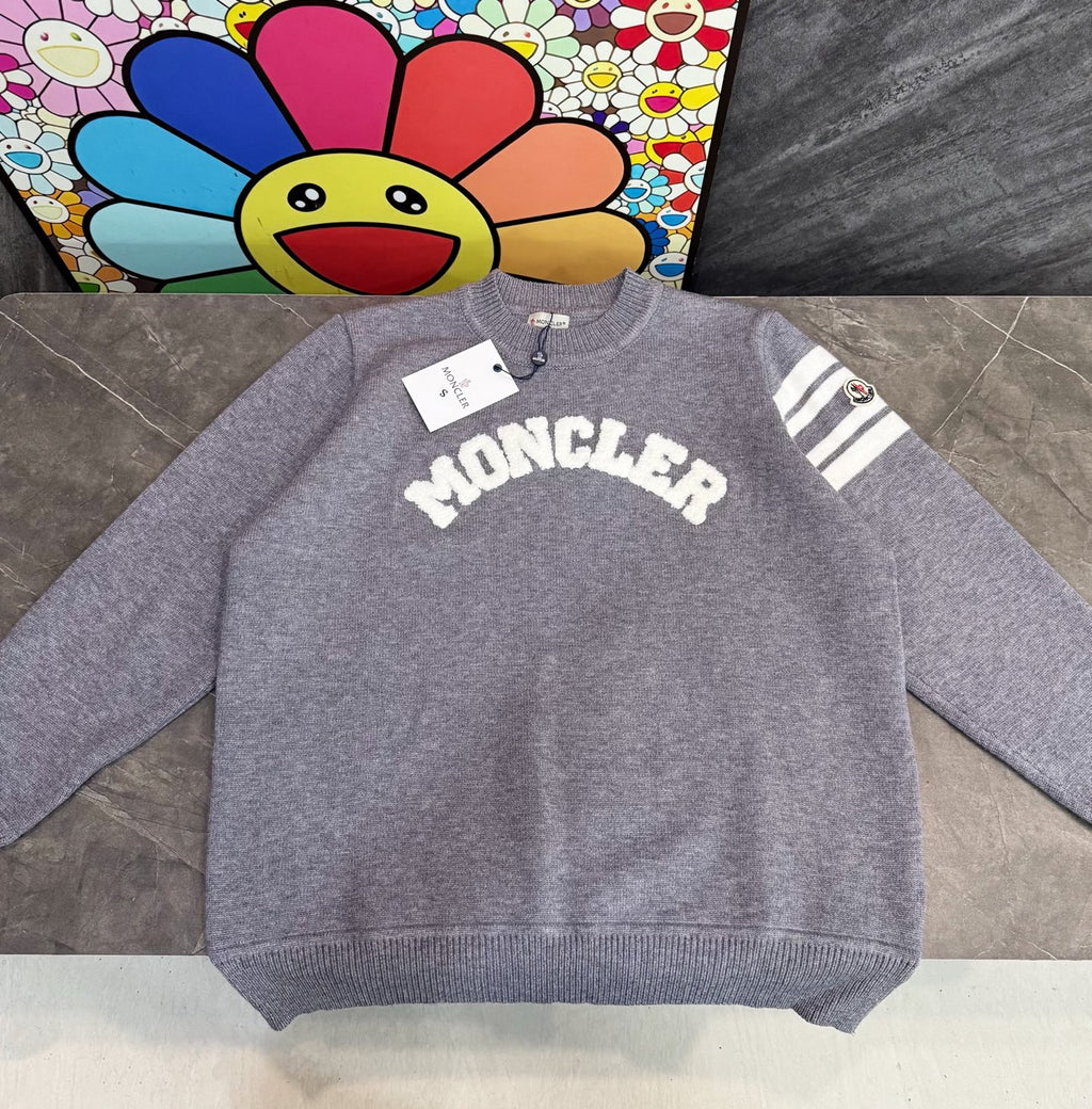 Light gray crewneck long-sleeve sweater with MONCLER chest logo and striped sleeves