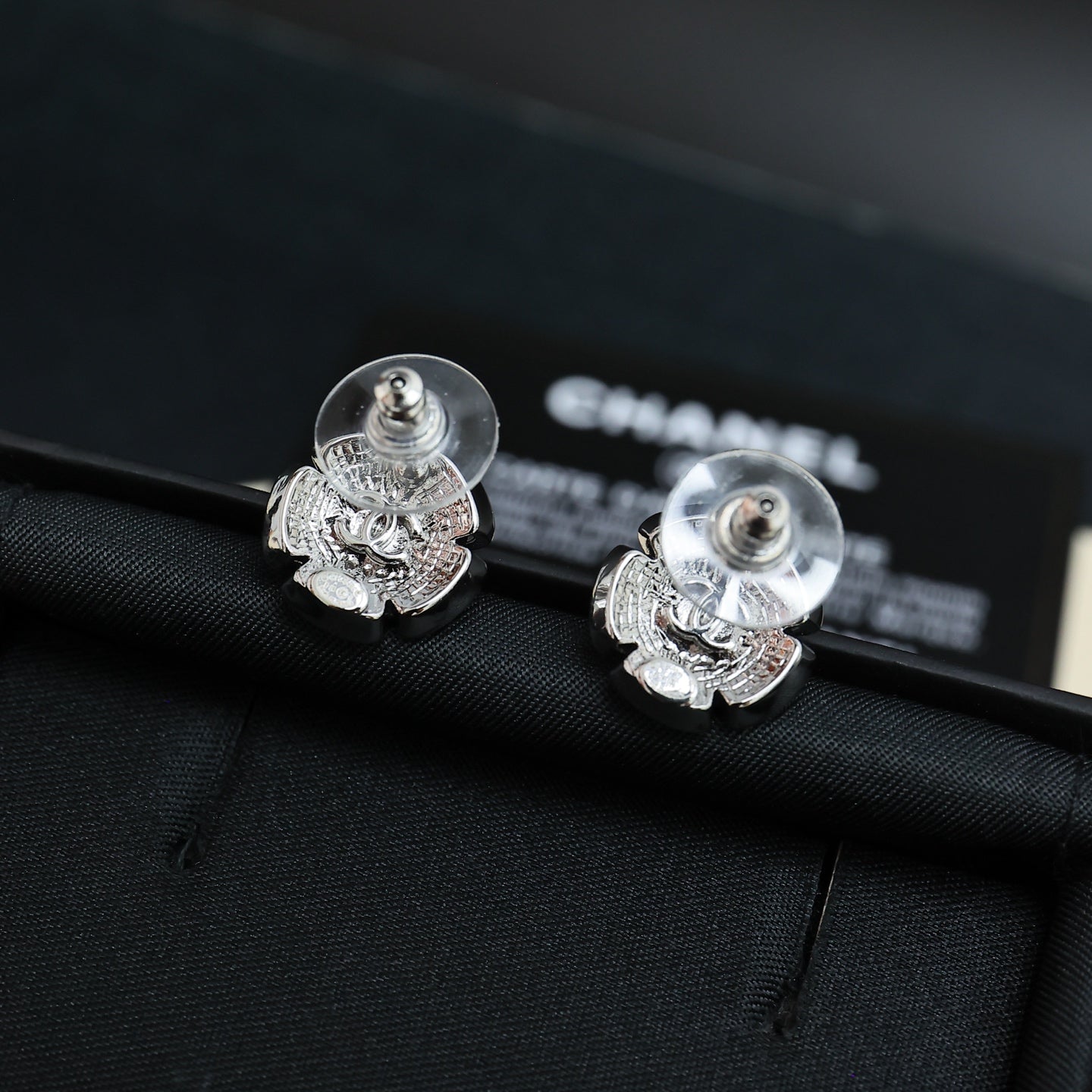 Chanel floral stud earrings with pearl, silver-tone filigree flower, round posts